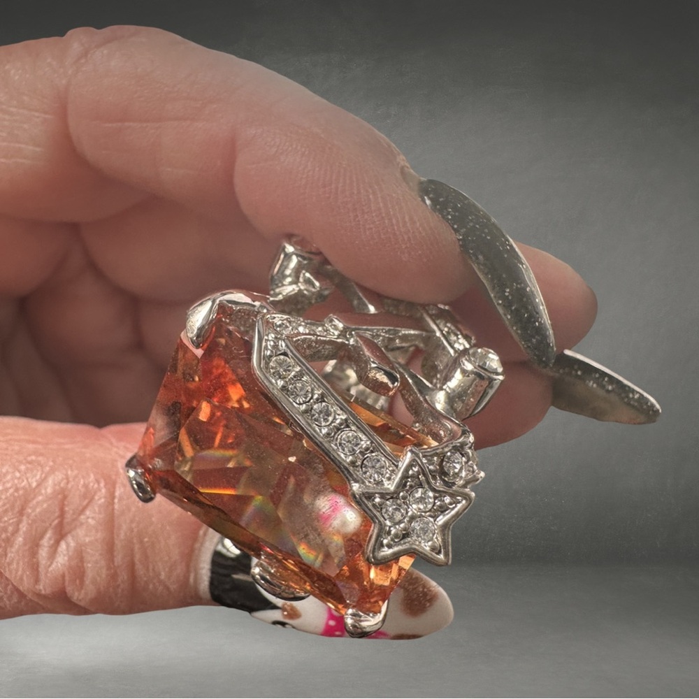 Large Costume Amber Color and Silver color Crystal Cocktail Ring 7 1/2